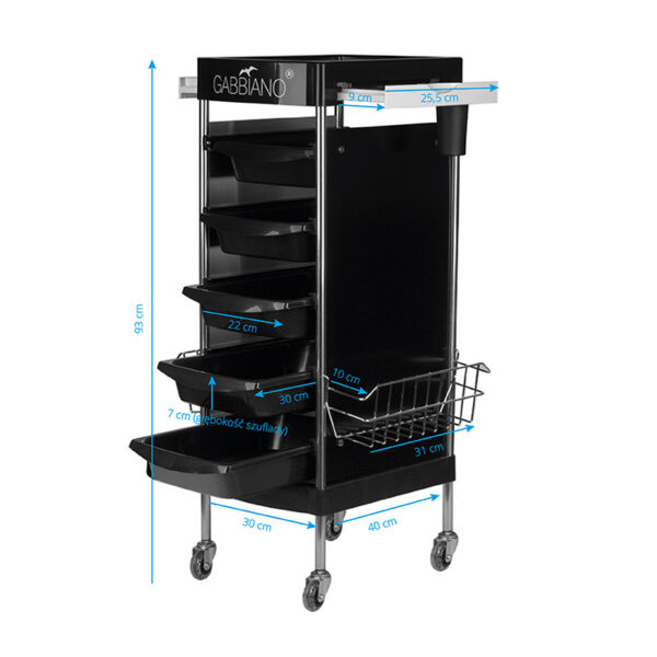 Cărucior coafor Gabbiano FX11E din ABS cu cadru de oțel, negru, negru, imaginea 5