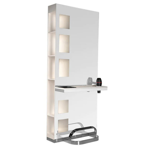 Consolă coafor cu oglindă Gabbiano B058 cu rafturi laterale, perlat Consolă coafor cu oglindă Gabbiano B058 cu rafturi laterale, perlat