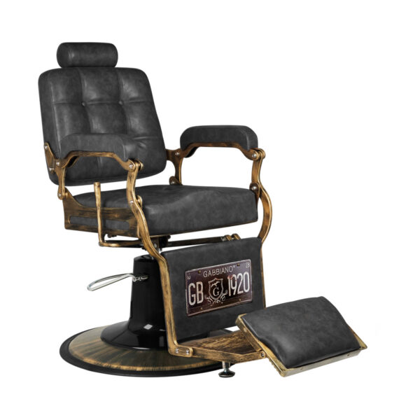 Scaun frizerie Gabbiano Boss Old Leather cu cadru auriu patinat, negru