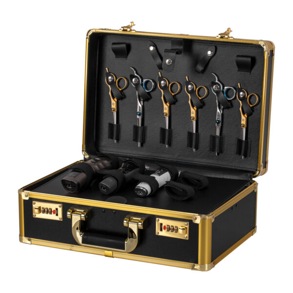 Valiză coafor barber, auriu cu negru, cu separator cu elastice, negru, imaginea 3